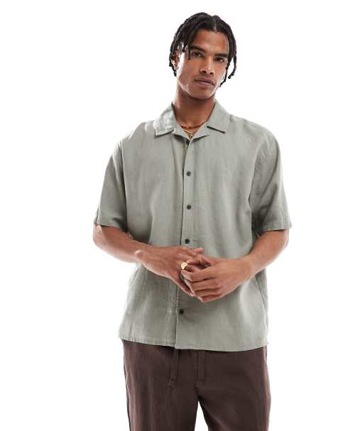 Threadbare linen rich short sleeve textured shirt in sage green - view 1