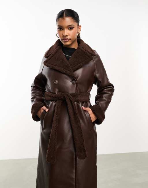 Threadbare Lois longline aviator coat with borg trims in chocolate