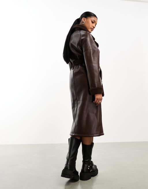 Threadbare Lois longline aviator coat with borg trims in chocolate brown