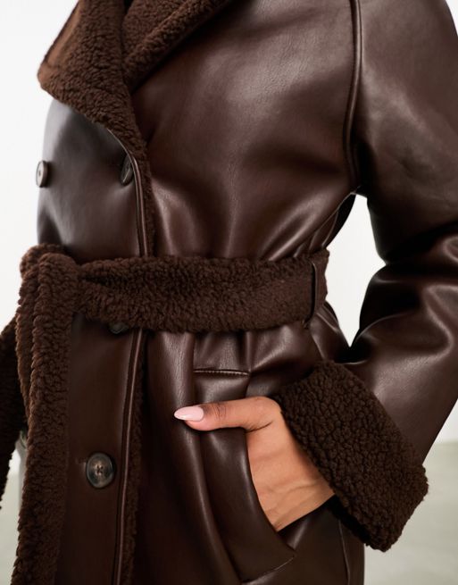 Threadbare Lois longline aviator coat with borg trims in chocolate brown