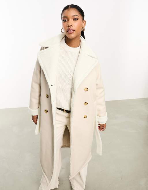 Threadbare Lois longline aviator coat with borg trims in stone