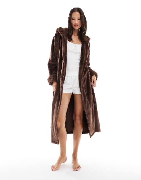 Threadbare long fluffy dressing gown in chocolate brown - view 1