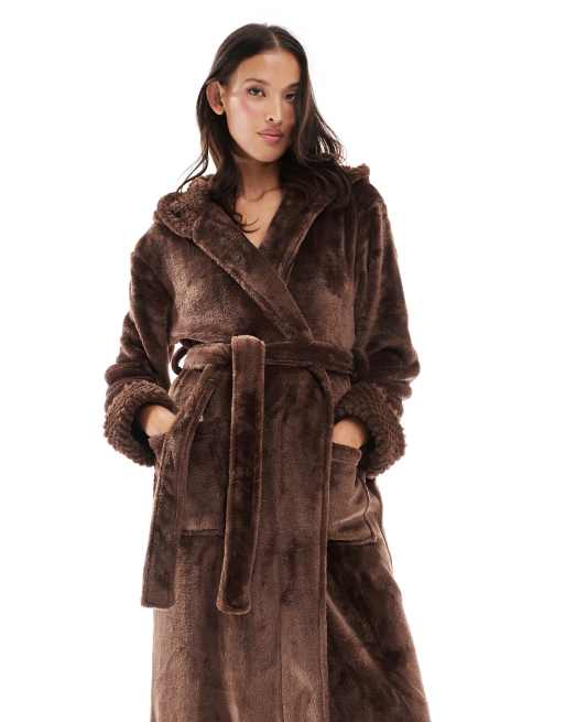 Threadbare long fluffy dressing gown in chocolate brown ASOS
