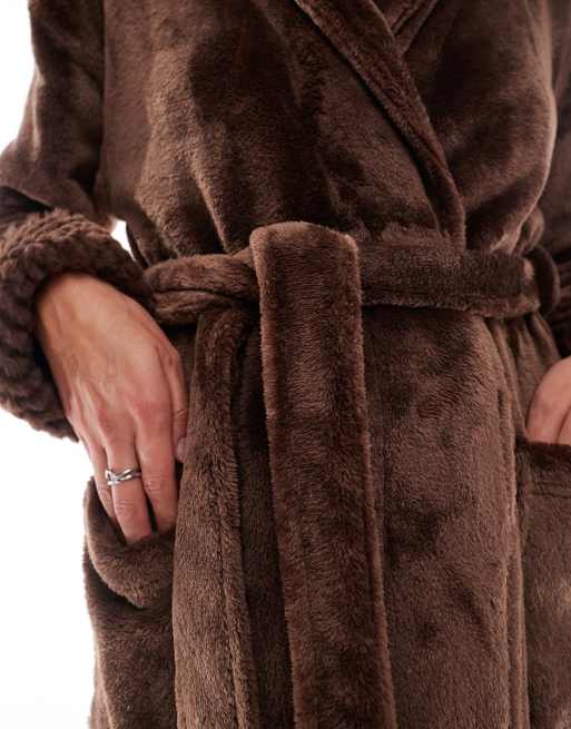 Threadbare long fluffy robe in chocolate brown