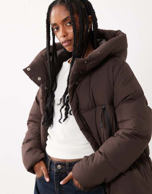 【157,300→35,000円】Drawer_Aラインフードロングコート Threadbare long padded coat with hood and front pockets in