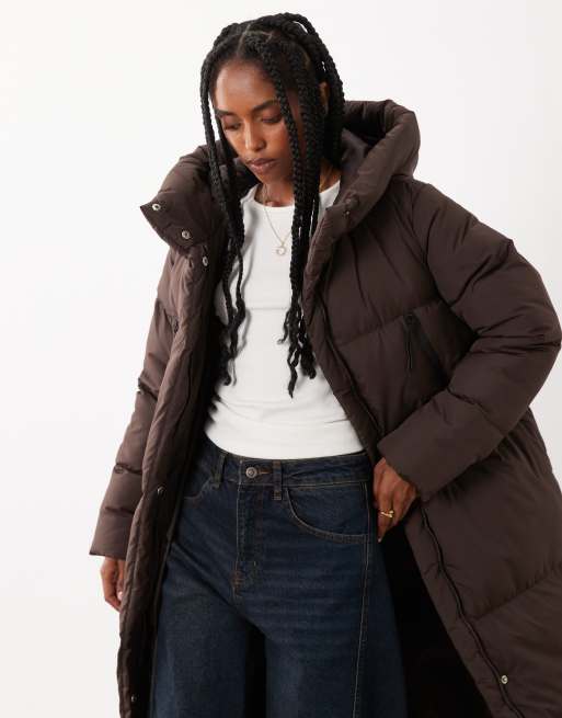 Threadbare long padded coat with hood and front pockets in