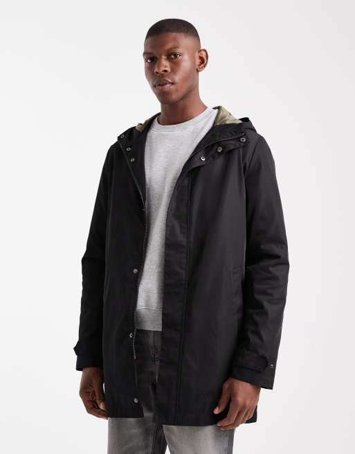 Threadbare long showerproof parka with hood in black