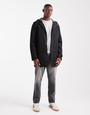 Threadbare Long Showerproof Parka With Hood In Black