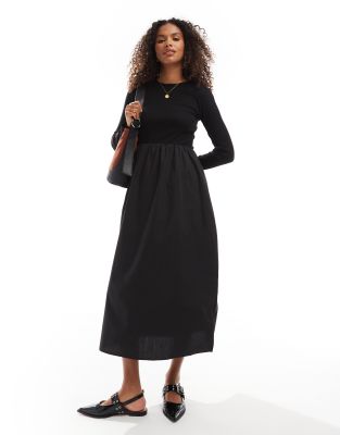 long sleeve black midi dress with poplin skirt