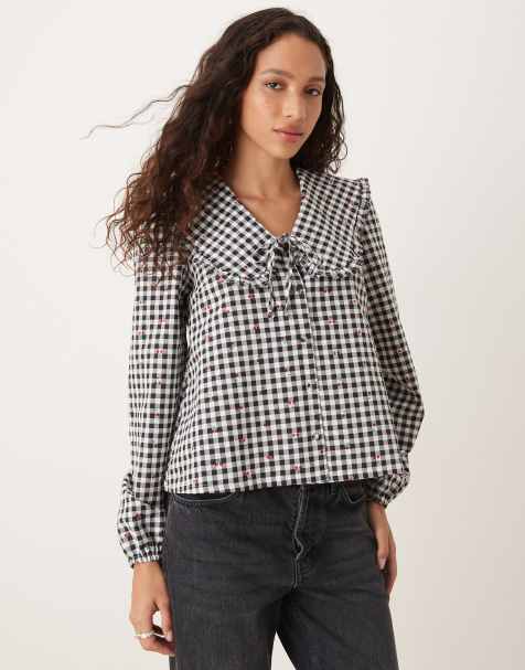 Threadbare long sleeve blouse with oversized collar in black gingham and cherry print