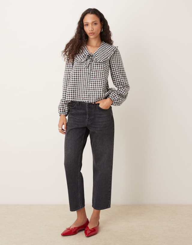 Threadbare long sleeve blouse with oversized collar in black
