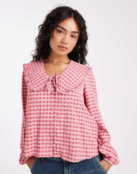 Threadbare long sleeve blouse with peter pan collar in pink and red gingham - view 1