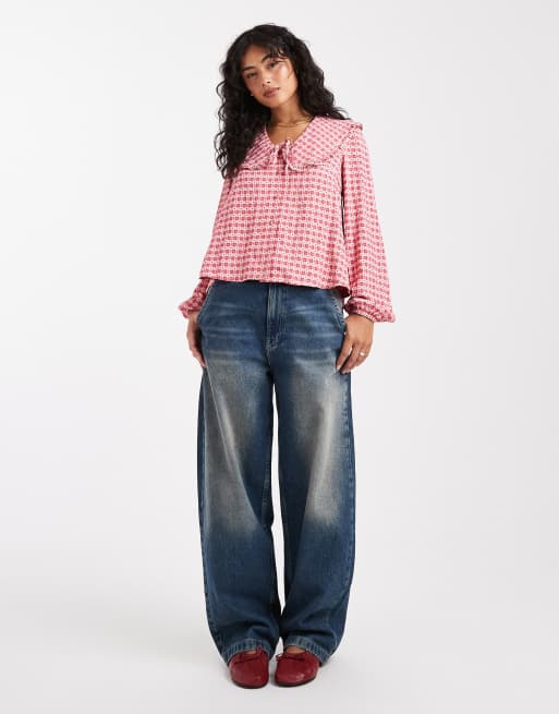 Threadbare long sleeve blouse with peter pan collar in pink and red gingham, 3 of 4