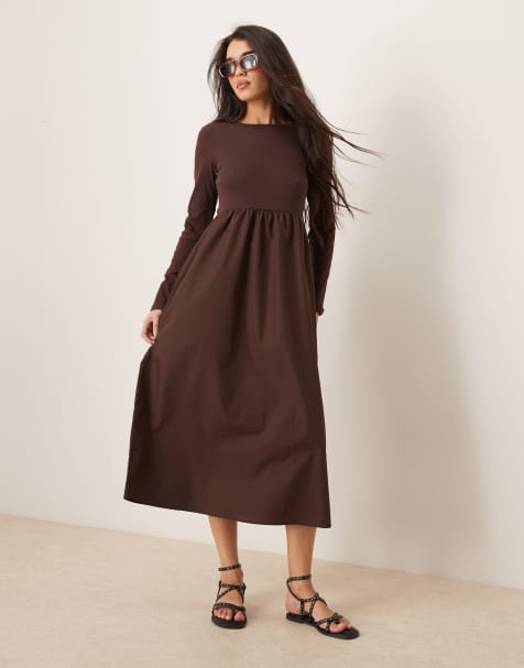 Threadbare long sleeve brown midi dress with poplin skirt - view 1