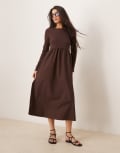 [Threadbare] Threadbare long sleeve brown midi dress with poplin skirt 16 BROWN