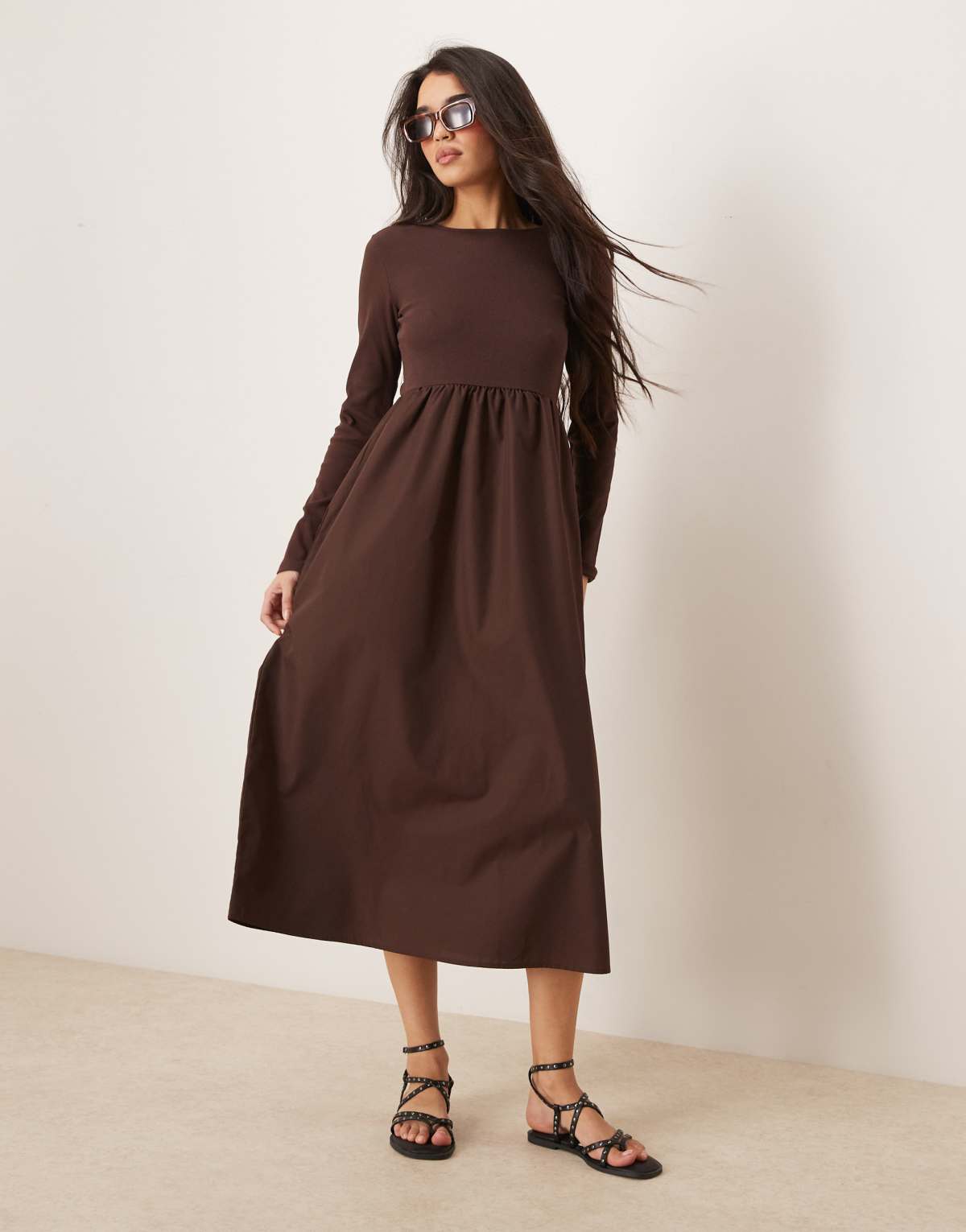 Threadbare long sleeve brown midi dress with poplin skirt