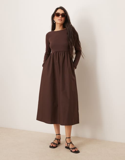 Threadbare long sleeve brown midi dress with poplin skirt | ASOS