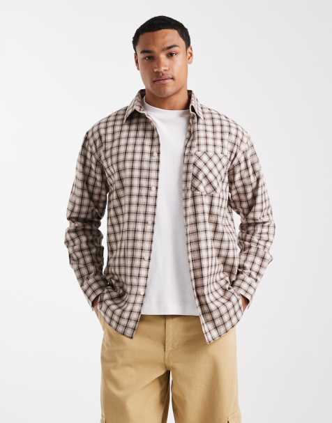 Threadbare long sleeve button down check shirt in brown and cream - view 1