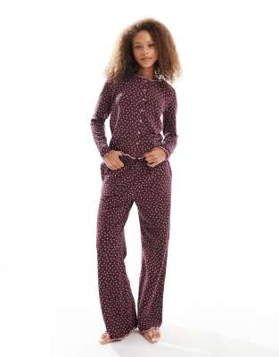 Threadbare Long Sleeve Button Down Heart Pajamas In Red