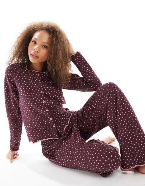 Threadbare long sleeve button down heart pyjamas in burgundy - view 1