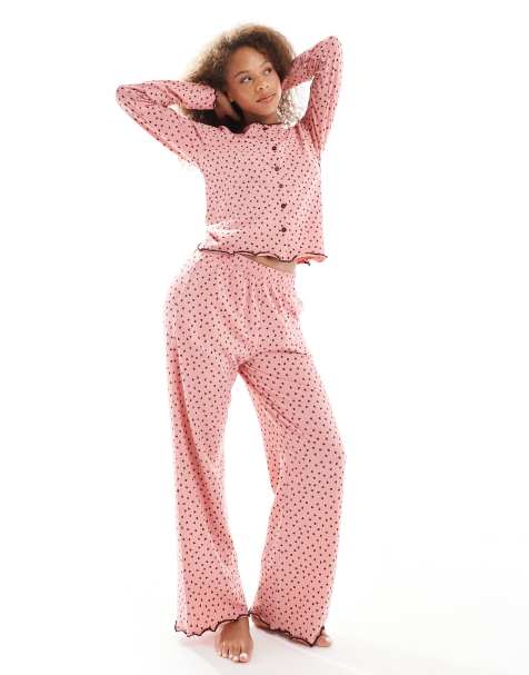 Threadbare long sleeve button down heart pyjamas in pink - view 1