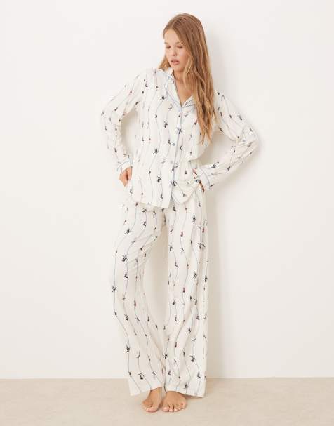Threadbare long sleeve button down ski print pajamas in white and blue - view 1