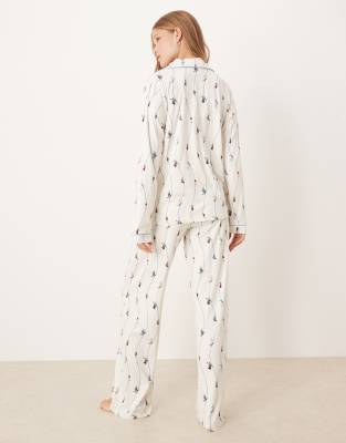 Threadbare Long Sleeve Button Down Ski Print Pajamas In White