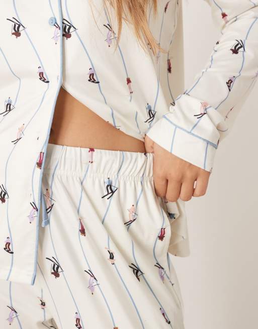 Threadbare long sleeve button down ski print pajamas in white and blue