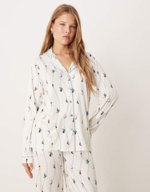 Threadbare long sleeve button down ski print pajamas in white and blue