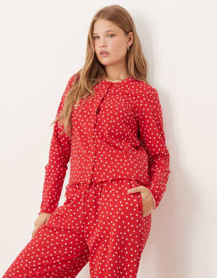 Threadbare Long Sleeve Button Through Pajamas With Heart Print In Red