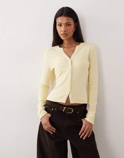 Threadbare long sleeve button through ribbed top in lemon yellow - view 1