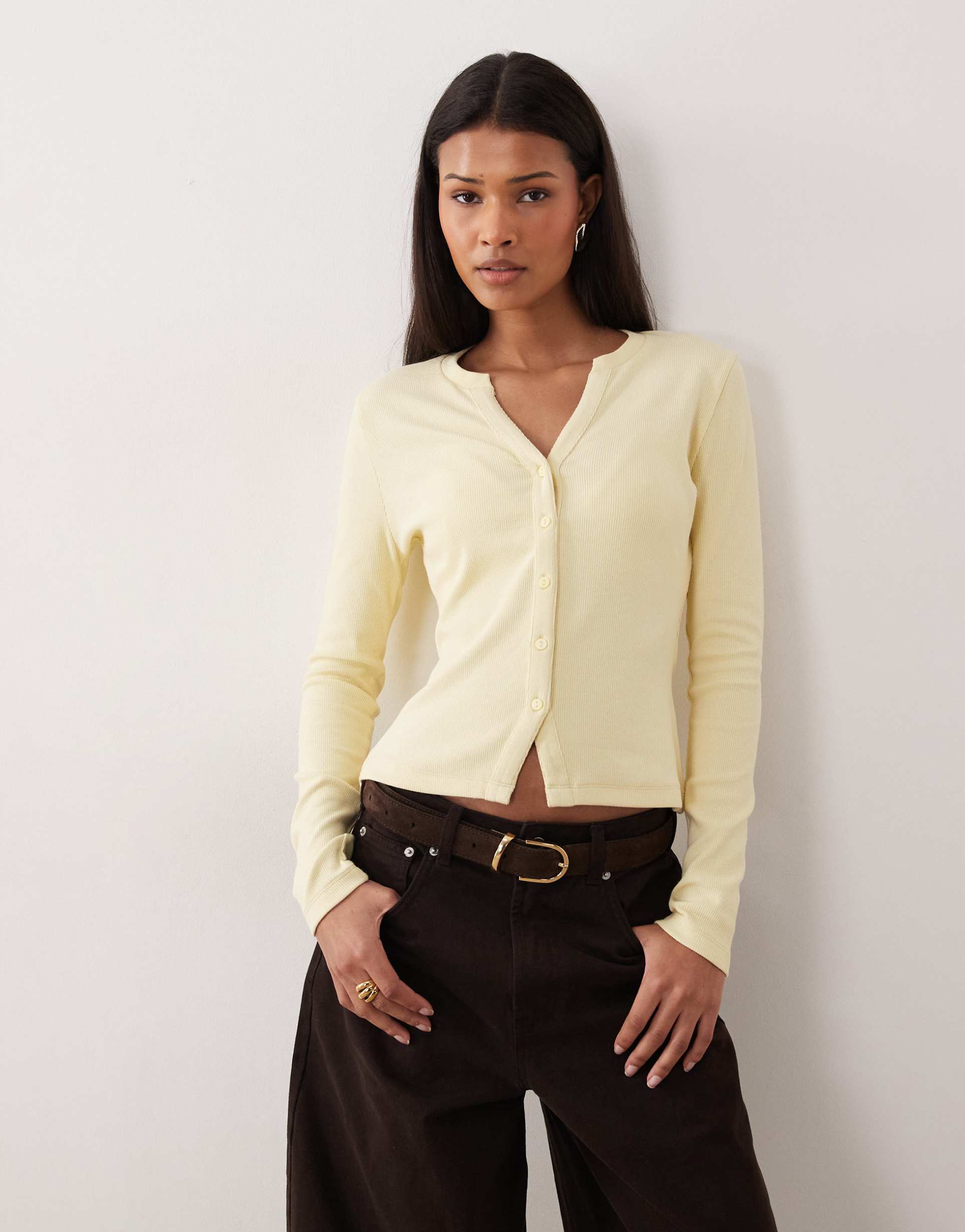 threadbare long sleeve button through ribbed top in lemon yellow
