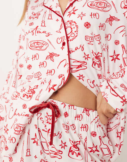 Threadbare – Langärmliger Weihnachts-Pyjama in Weiß und Rot