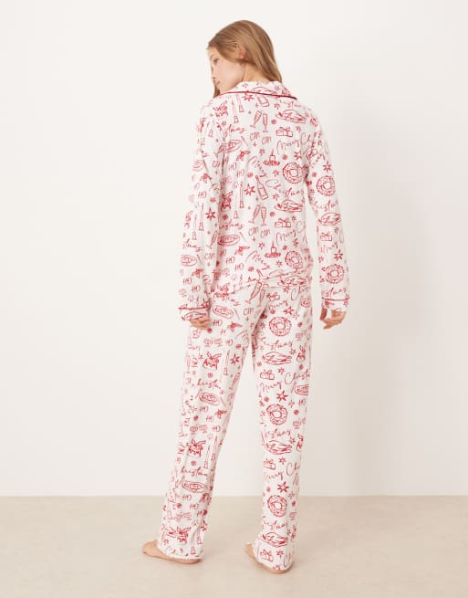 Threadbare – Langärmliger Weihnachts-Pyjama in Weiß und Rot