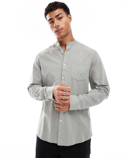 Threadbare long sleeve collarless shirt in sage green - view 1