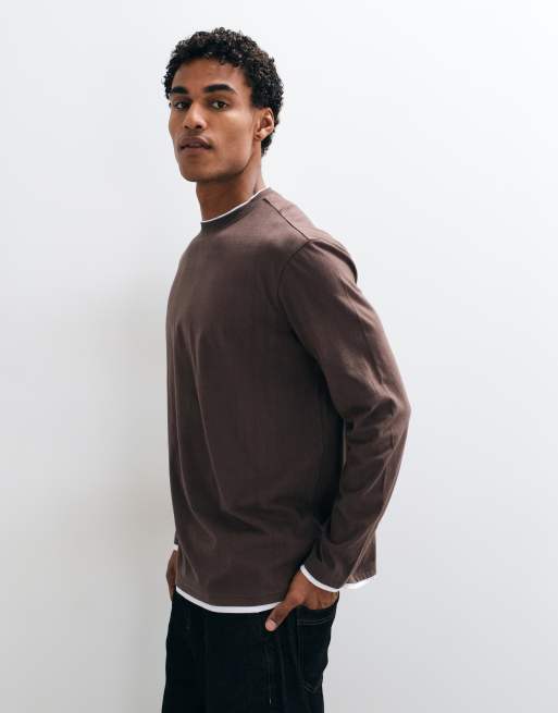 Threadbare long sleeve cotton relaxed fit T-shirt in chocolate brown, 3 of 5