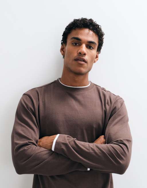 Threadbare long sleeve cotton relaxed fit T-shirt in chocolate brown, 4 of 5