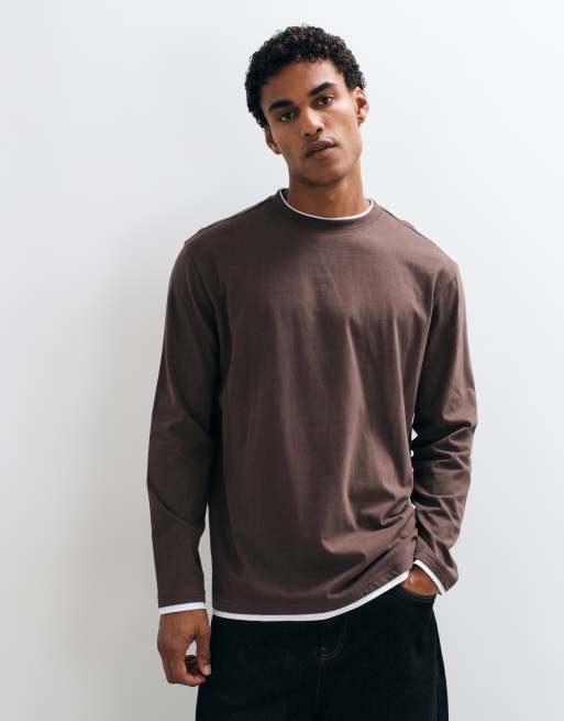 Threadbare long sleeve cotton relaxed fit T-shirt in chocolate brown, 5 of 5