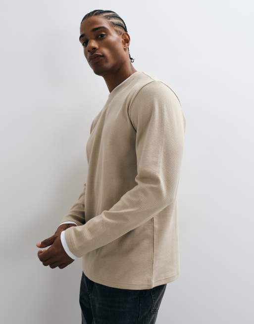 Threadbare long sleeve cotton T-shirt in stone, 3 of 5