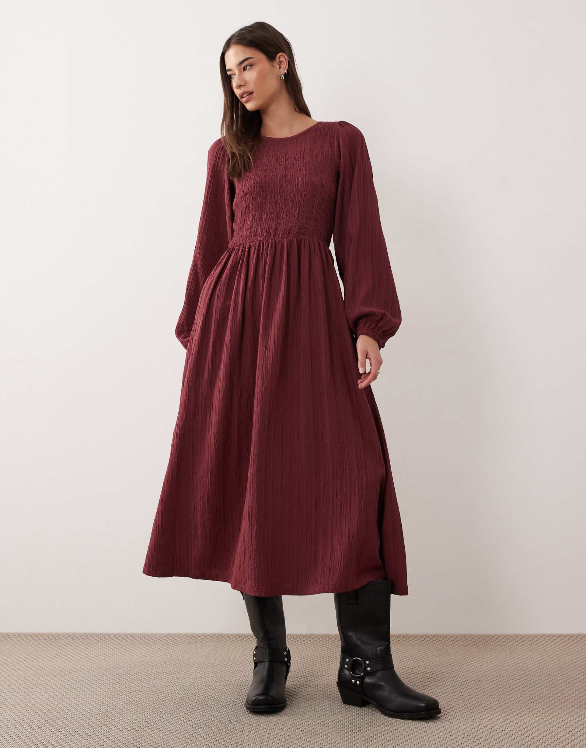 threadbare long sleeve crinkle midi dress in fig