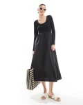 [Threadbare] Threadbare long sleeve jersey poplin mix midi dress in black 8 BLACK