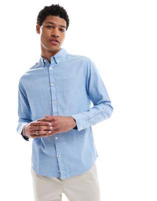 long sleeve linen blend shirt in blue