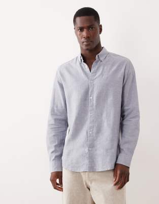Threadbare Long Sleeve Linen Mix Shirt In Blue
