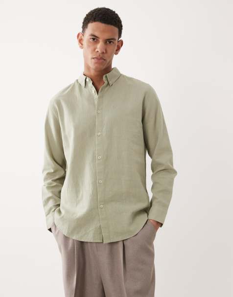 Threadbare long sleeve linen mix shirt in sage green