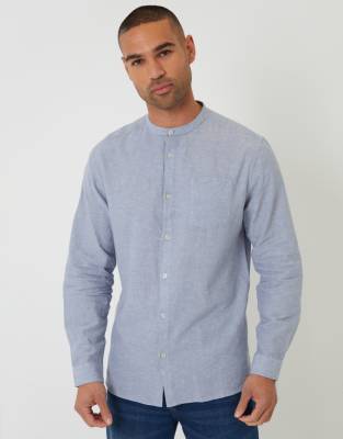Threadbare Long Sleeve Linen Mix Shirt With Grandad Collar In Blue