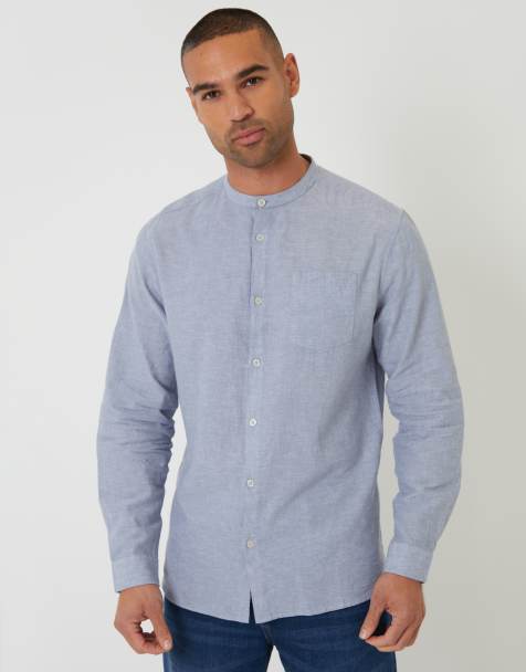 Threadbare long sleeve linen mix shirt with grandad collar in light blue - view 1