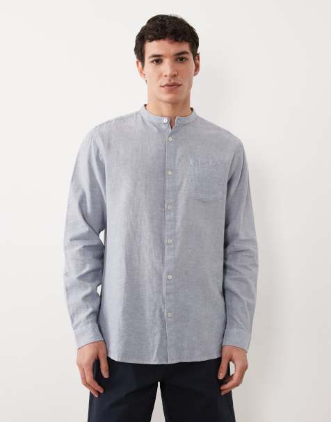 Threadbare long sleeve linen mix shirt with grandad collar in light blue