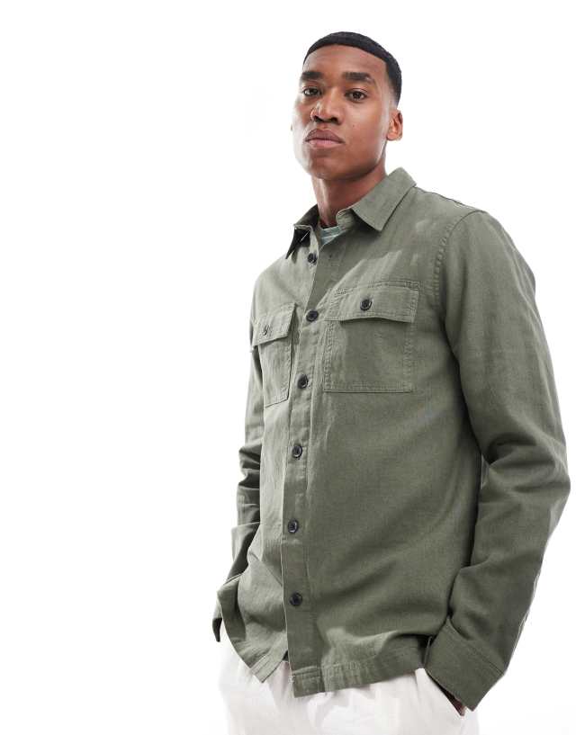 Threadbare - long sleeve linen slub shirt with utlity pockets in khaki