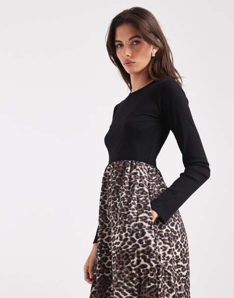 Threadbare long sleeve midi dress with contrast leopard print skirt in black - view 1
