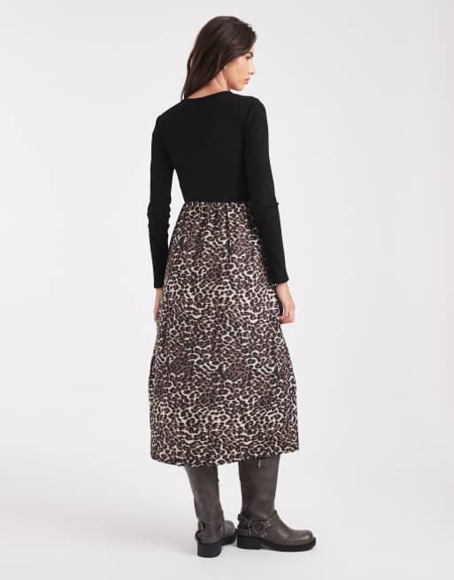 Threadbare long sleeve midi dress with contrast leopard print skirt in black, 3 of 4